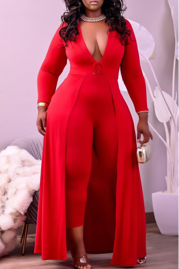 Red Casual Solid Patchwork Asymmetrical V Neck Plus Size Jumpsuits