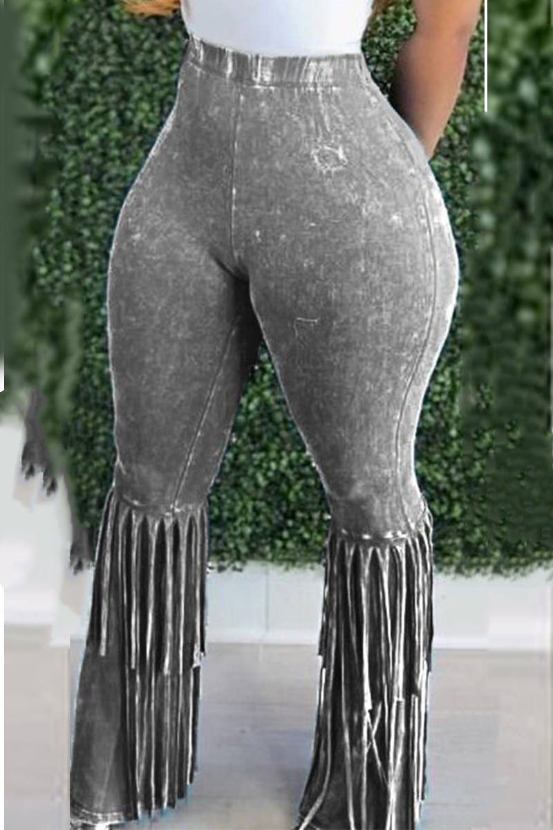 

Grey Casual Solid Tassel Boot Cut High Waist Speaker Solid Color Bottoms