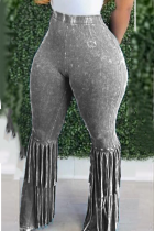 Серые винтажные женские расклешенные брюки с бахромой в стиле трайбл
