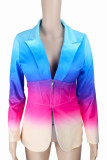 Blue Pink Work Gradual Change Patchwork Turn-back Collar Outerwear