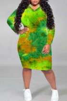 Groene casual print tie-dye patchwork capuchonkraag rechte grote maten jurken