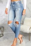 Blue Sexy Patchwork Patchwork Mid Waist Skinny Ripped Denim Jeans