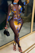 Blue Yellow Sexy Print Mesh O Neck Skinny Jumpsuits