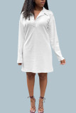 ホワイト カジュアル ソリッド パッチワーク ターンダウン カラー ロング スリーブ ドレス