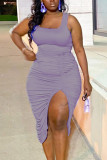 Фиолетовая повседневная однотонная лоскутная юбка-карандаш с высоким открытием и складками, асимметричная юбка-карандаш с U-образным вырезом, платья больших размеров