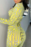Желтые повседневные однотонные лоскутные платья с круглым вырезом и юбкой-карандашом