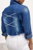 Giacca di jeans regolare a maniche lunghe con colletto a punta patchwork tinta unita blu intenso