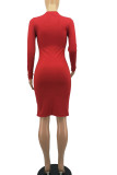 赤 カジュアル ソリッド パッチワーク O ネック ペンシル スカート ドレス