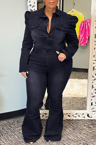 Colarinho preto sexy jeans com botões sólidos e tamanho grande