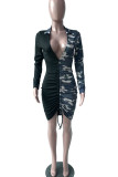 Green Sexy Camouflage Print Patchwork Draw String Fold Asymmetrical V Neck Pencil Skirt Dresses