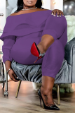 Пурпурный повседневный сплошной лоскутный комбинезон с открытыми плечами больших размеров