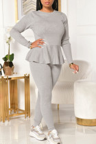Grey Casual Solid Bandage Patchwork Flounce O Neck Long Sleeve Two Pieces