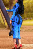 Модные синие повседневные платья с длинным рукавом с принтом и высоким воротником