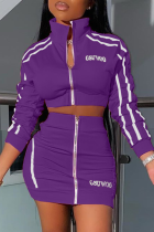 purple Fashion Sexy Adult Two Piece Suits Letter Solid Embroidery Zippered Hip Cropped Jackets And Skirt Sets