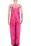 Red Casual Print Tie Dye Patchwork Spaghetti Strap Loose Jumpsuits