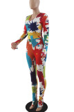 Multi-color Sexy Print Patchwork V Neck Long Sleeve Two Pieces
