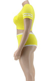 Jaune mode Sexy adulte ma'am O cou lettre Patchwork deux pièces costumes couture grande taille