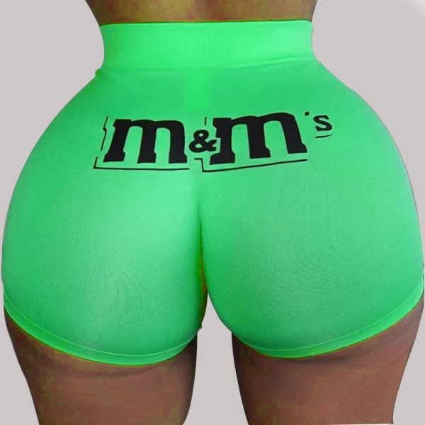 Grüne, elastische, niedrige Print-Shorts mit geradem Schnitt