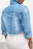 Azul profundo moda sólida retalhos turndown colarinho manga comprida jaqueta jeans regular