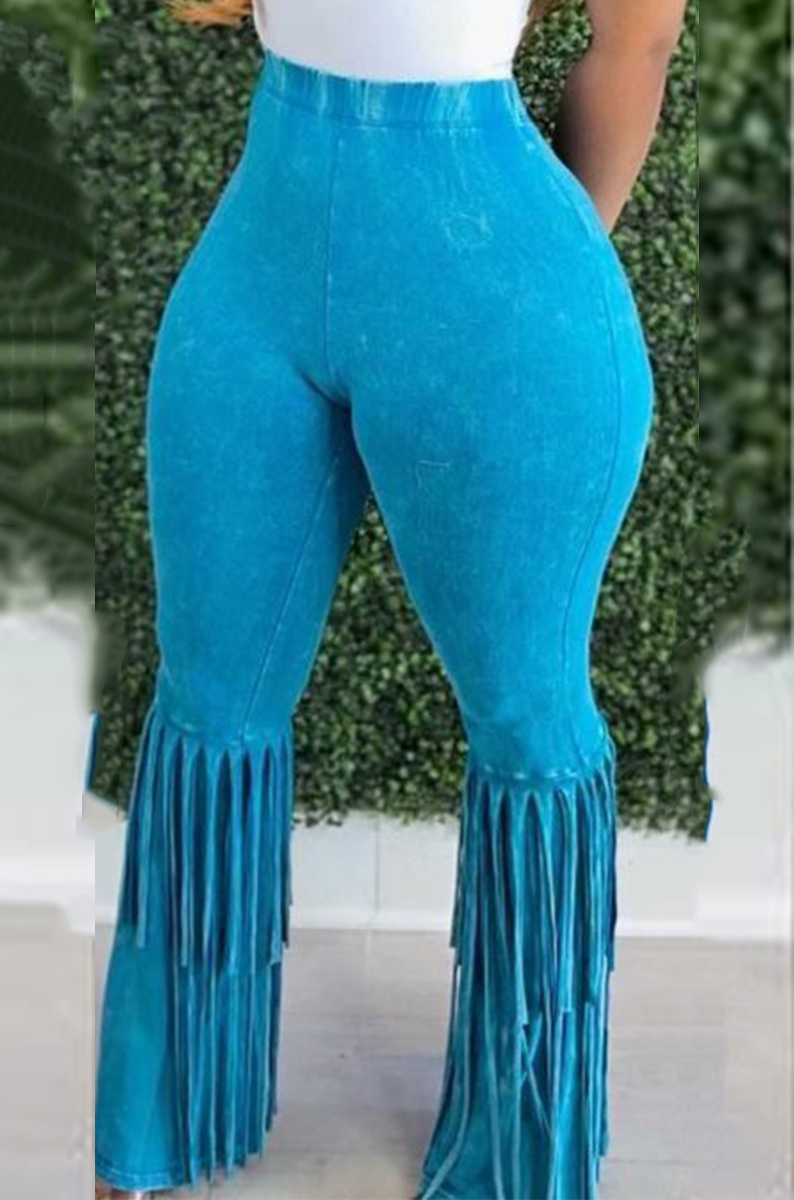 

Sky Blue Casual Solid Tassel Boot Cut High Waist Speaker Solid Color Bottoms