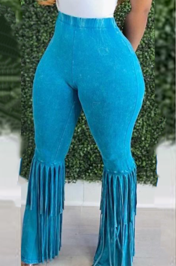 Небесно-голубые винтажные женские расклешенные брюки с бахромой в стиле трайбл