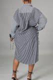 Robes chemise décontractées grises à imprimé rayé avec boucle en patchwork et col rabattu