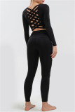 Schwarze, lässige Sportswear, solide Yogahose mit hoher Taille und hohem Bund