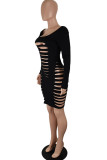Black Sexy Solid Hollowed Out Patchwork U Neck Pencil Skirt Dresses