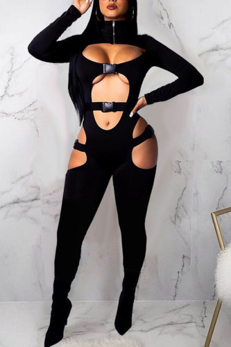 Black Sexy Solid Hollowed Out Patchwork Zipper Collar Skinny Jumpsuits