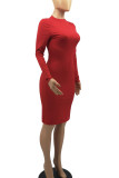 赤 カジュアル ソリッド パッチワーク O ネック ペンシル スカート ドレス