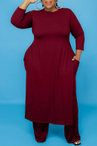 Бордовый модный повседневный принт с разрезом и круглым вырезом плюс размер из двух частей