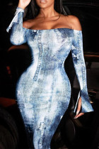 Blue Sexy Print Patchwork Off the Shoulder Raka klänningar