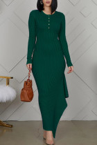 Gröna Elegant Solid Patchwork-knappar Volang Asymmetrisk O-hals raka klänningar