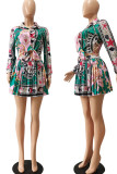 Turquoise Sweet Print Patchwork Turndown Collar Long Sleeve Two Pieces