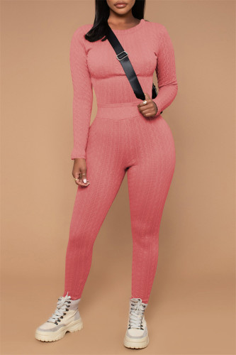 Pink Fashion Casual Solid Basic O Neck Long Sleeve Two Pieces