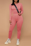 ピンクファッションカジュアルソリッドベーシックOネック長袖ツーピース