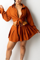 Brown Casual Solid Patchwork Buckle Turndown Collar Long Sleeve Two Pieces