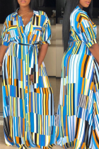 Blue Casual Stripe Print Turn-down Collar Half Sleeve Long Summer With Belt Loose Maxi Shirts Dress