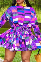 Lila Mode Casual Plus Size Print Basic O-hals långärmade klänningar