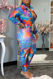 Blue Orange Fashion Casual Print Patchwork Turndown Collar Long Sleeve Two Pieces