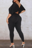 Black Casual Solid Patchwork Backless Knotted Asymmetrical O Neck Plus Size Two Pieces