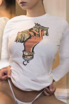 Camisetas y camisetas con estampado de corte ajustado y manga larga con cuello en O blanco