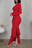Red Elegant Solid Patchwork Buttons Flounce Asymmetrical O Neck Straight Dresses