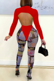 Red Sexy Print Hollowed Out Patchwork O Neck Long Sleeve Two Pieces