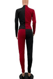 Black Red Casual Solid Patchwork Contrast Zipper Collar Long Sleeve Two Pieces