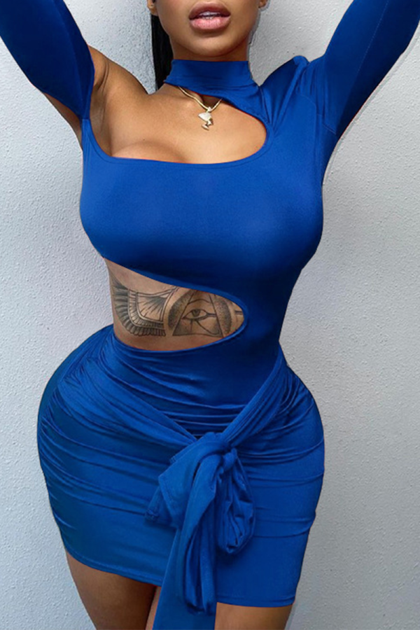 Синий сексуальный сплошной пэчворк Половина водолазки юбка-карандаш платья