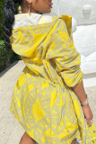 amarillo casual estampado patchwork cuello con capucha manga larga dos piezas