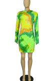 Green Casual Print Tie Dye Patchwork Hooded Collar Straight Plus Size Dresses