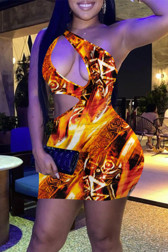 Golden Yellow Fashion Sexy Solid Hollowed Out One Shoulder Sleeveless Dress
