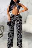 Black Sexy Print Patchwork Halter Sleeveless Two Pieces